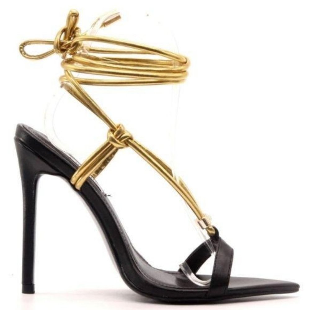 Black & Gold Ankle Wrap Heels - Picture 2 of 8